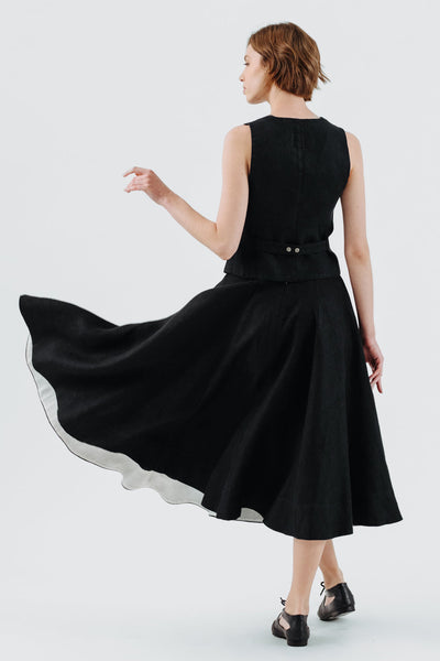 Classic Skirt, Twill Linen, Black Herringbone#color_black-herringbone