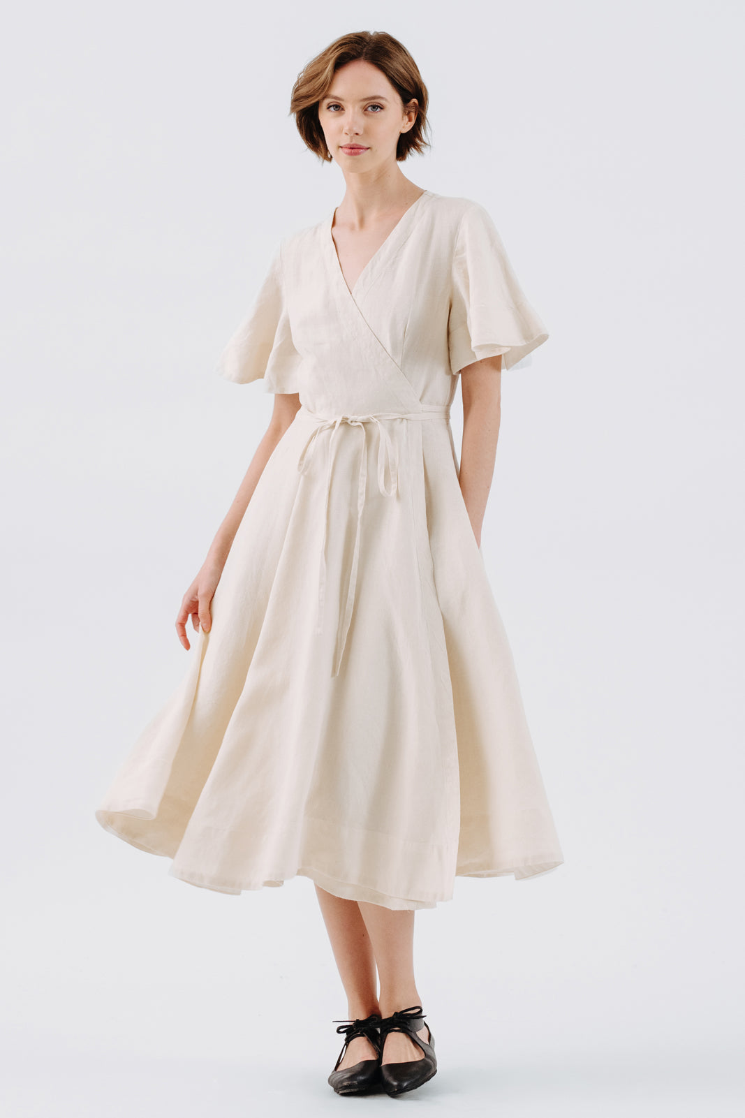 Wrap Dress, Butterfly Sleeve, Hemp, Milky White#color_milky-white