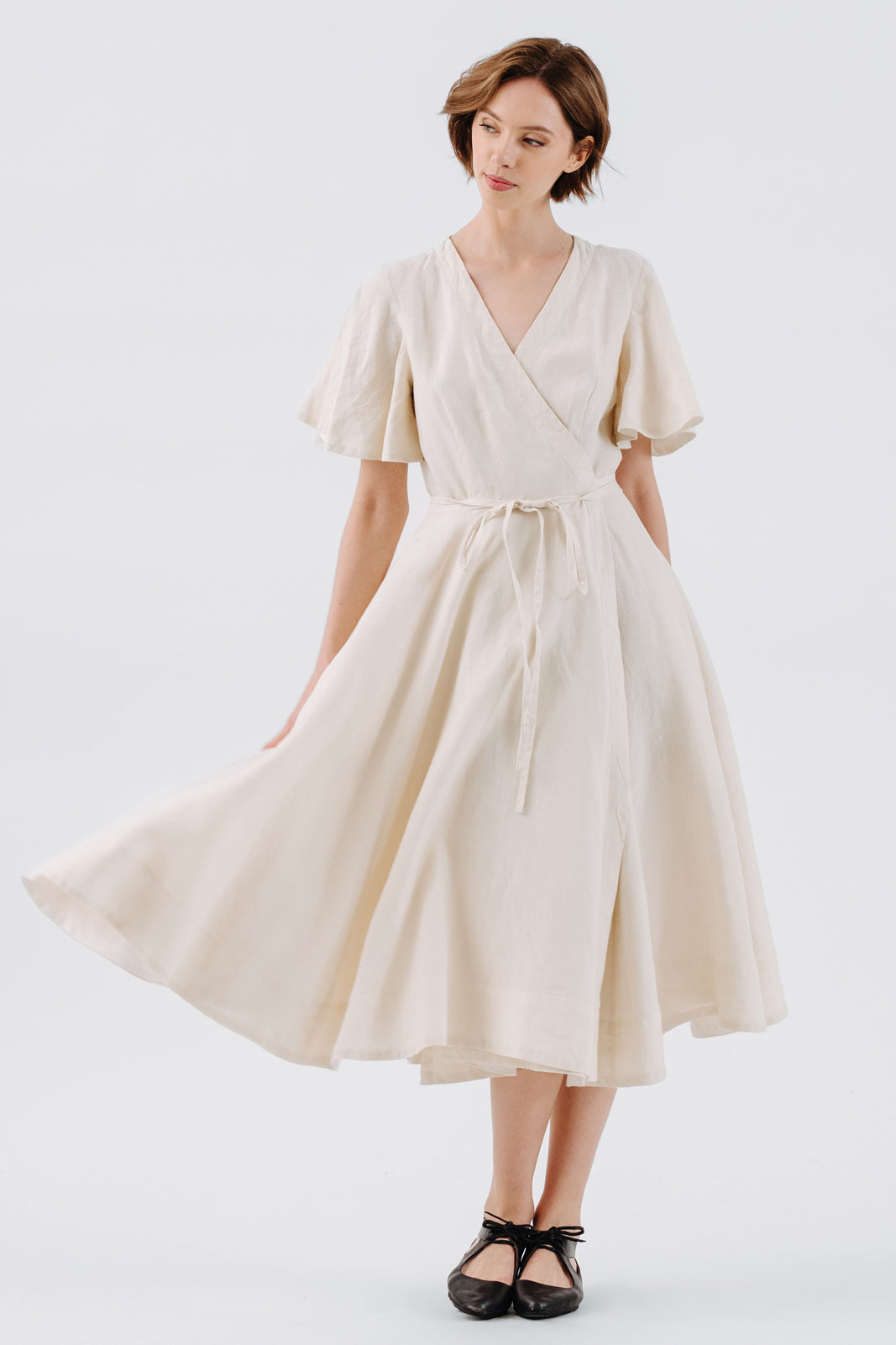 Wrap Dress, Butterfly Sleeve, Hemp, Milky White#color_milky-white