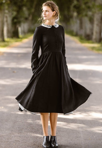 Classic Dress with Embroidered Meadow Peter Pan Collar, Long Sleeve#color_black-pansy