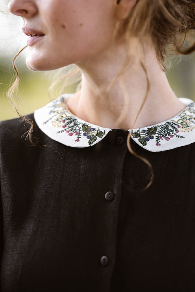 Classic Dress with Embroidered Meadow Peter Pan Collar, Long Sleeve#color_black-pansy