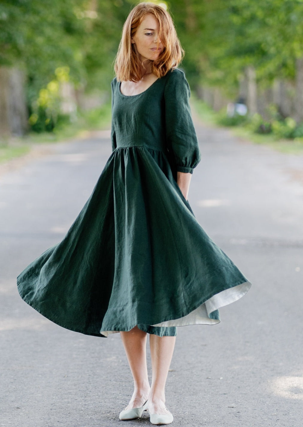 Carmen Dress, 3/4 Sleeve,#color_evergreen